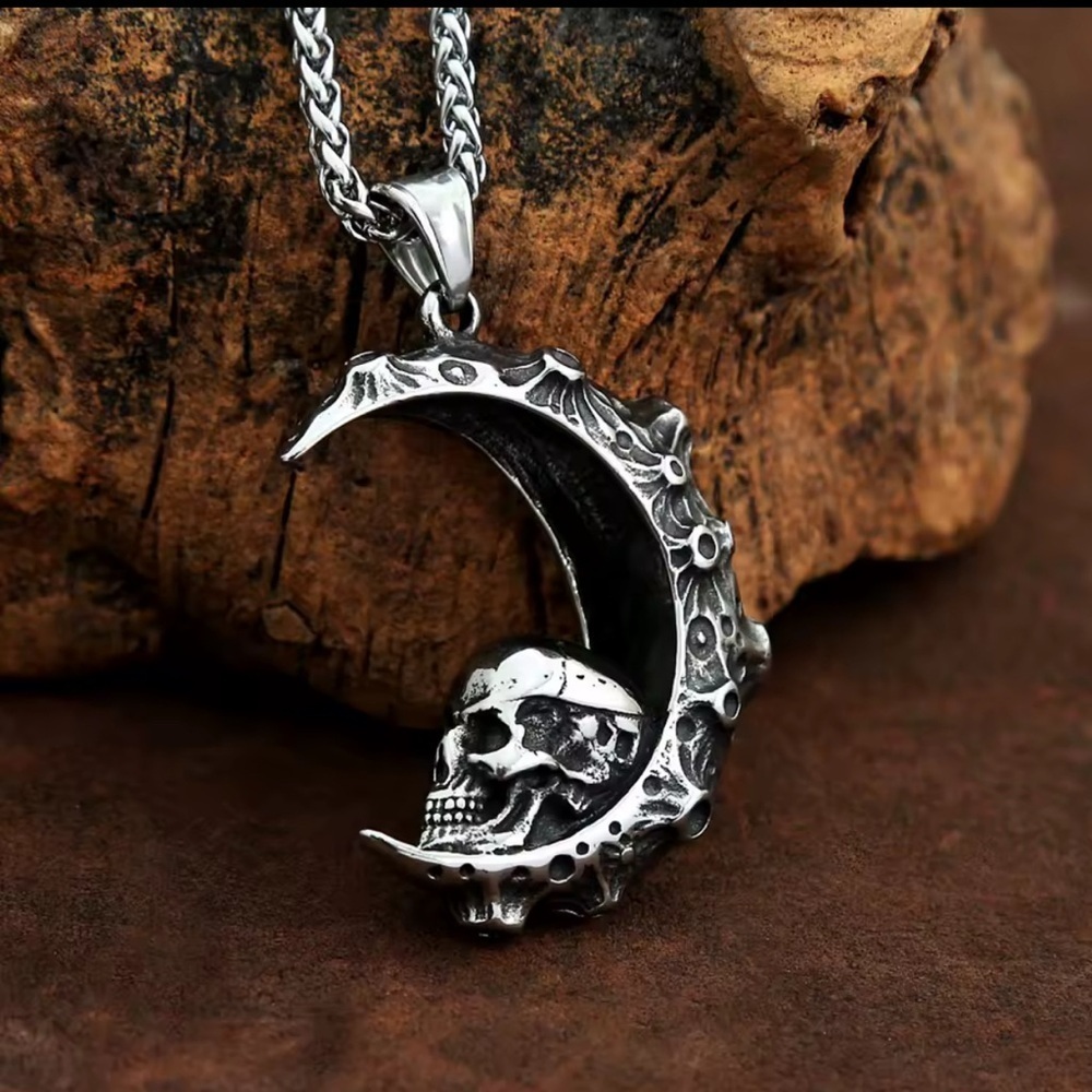 925 Sterling Silver Skull In Crescent Moon NO FADE Necklace Unisex Biker Goth